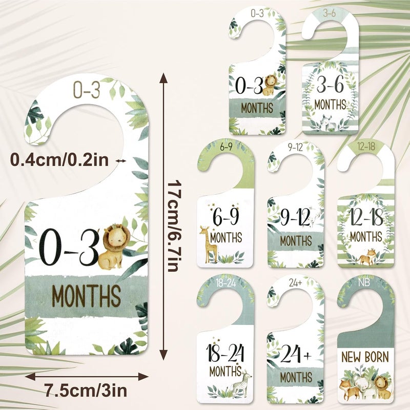 Whaline 8Pcs Baby Closet Size Dividers Watercolor Jungle Animals Hanging Wooden Baby Closet Organizer Double-Sided Newborn to 24 Months Thicken Baby Wardrobe Organizer - Image 2